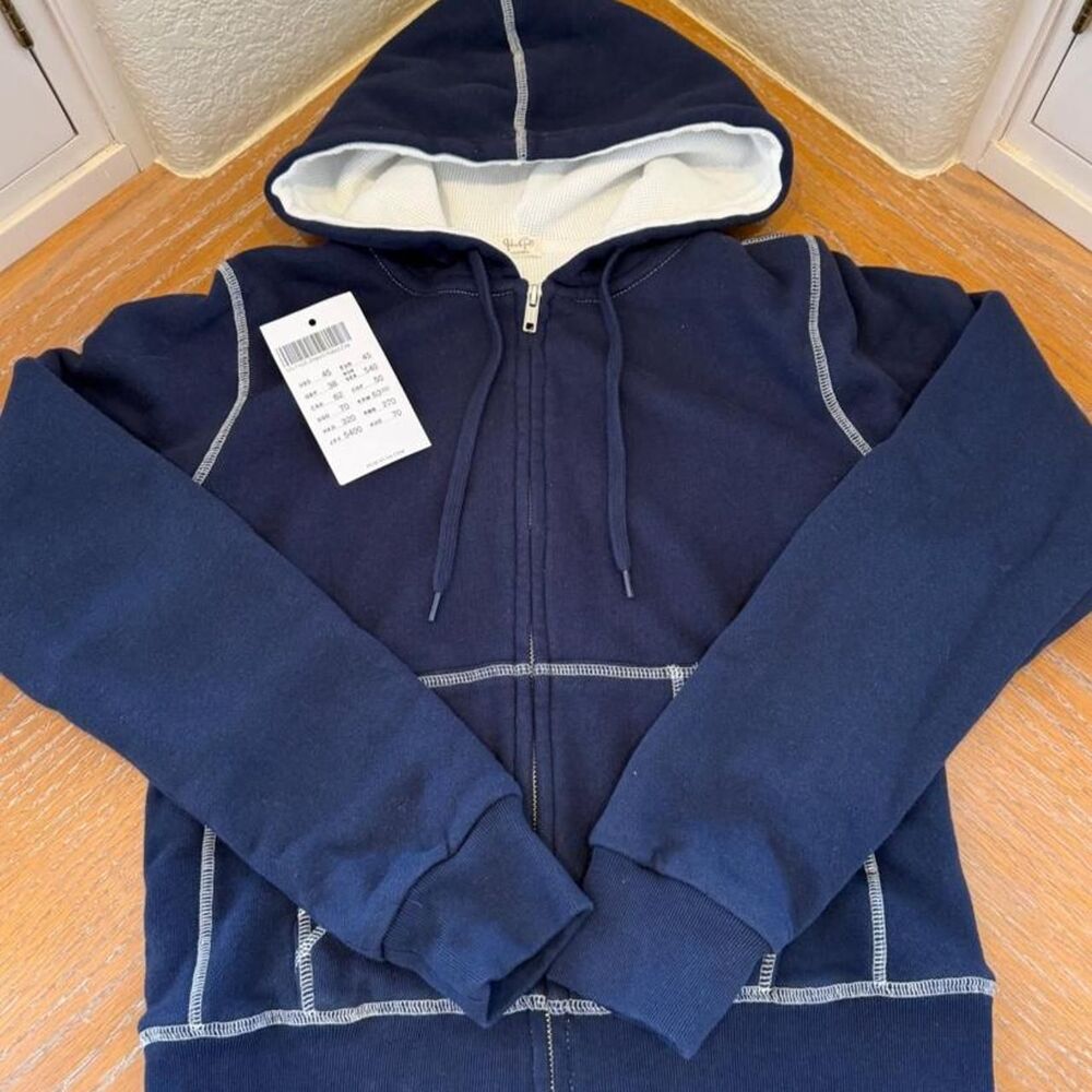 Brandy Melville Navy Blue & White Double Lined Waffle Knit Zip Up Hoodie